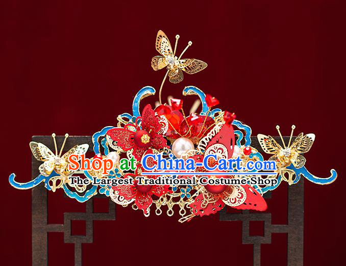 Top Chinese Traditional Wedding Cloisonne Hair Combs Bride Handmade Tassel Hairpins Hair Accessories Complete Set