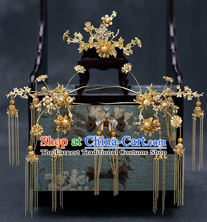 Top Chinese Traditional Wedding Golden Plum Hair Comb Bride Handmade Tassel Hairpins Hair Accessories Complete Set