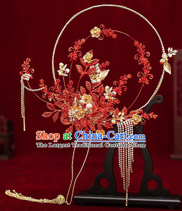 Chinese Traditional Wedding Red Leaf Palace Fans Ancient Bride Prop Round Fan for Men