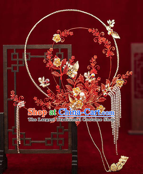 Chinese Traditional Wedding Red Leaf Palace Fans Ancient Bride Prop Round Fan for Men