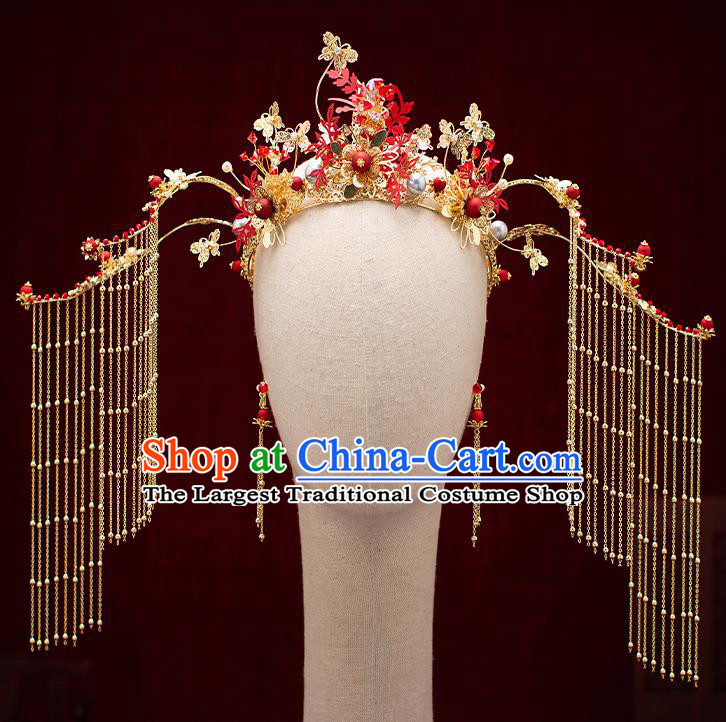 Top Chinese Traditional Wedding Golden Tassel Hair Crown Bride Handmade Hairpins Hair Accessories Complete Set