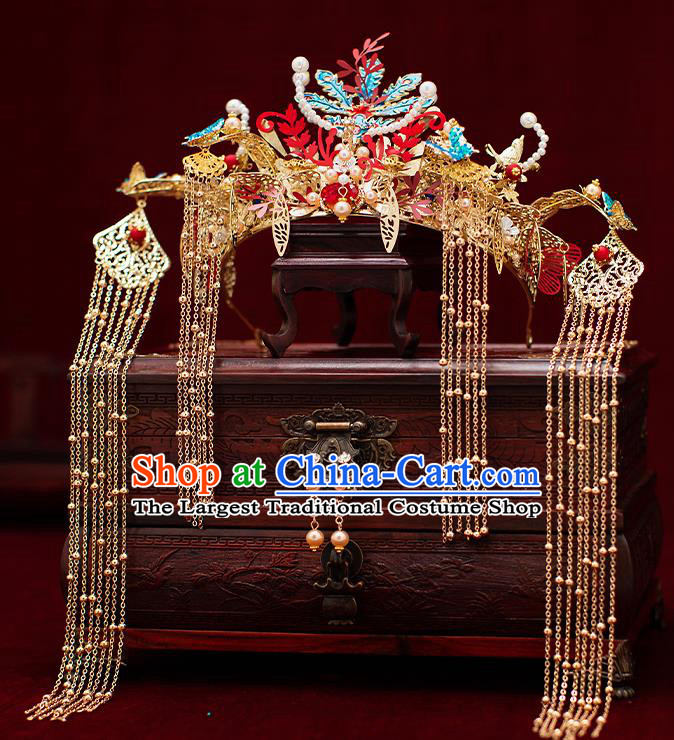 Top Chinese Traditional Wedding Pearls Phoenix Hair Crown Bride Handmade Hairpins Hair Accessories Complete Set