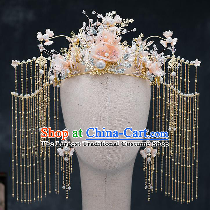 Top Chinese Traditional Wedding Pink Silk Flowers Tassel Hair Clasp Bride Handmade Hairpins Hair Accessories Complete Set