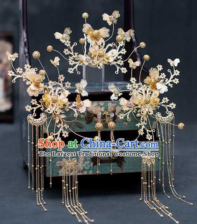 Top Chinese Traditional Wedding Hair Comb Bride Handmade Golden Butterfly Hairpins Hair Accessories Complete Set