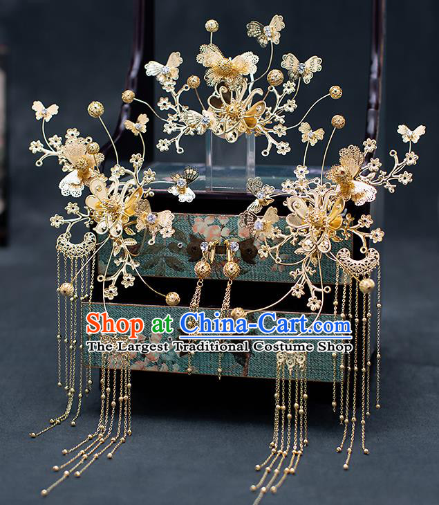 Top Chinese Traditional Wedding Hair Comb Bride Handmade Golden Butterfly Hairpins Hair Accessories Complete Set