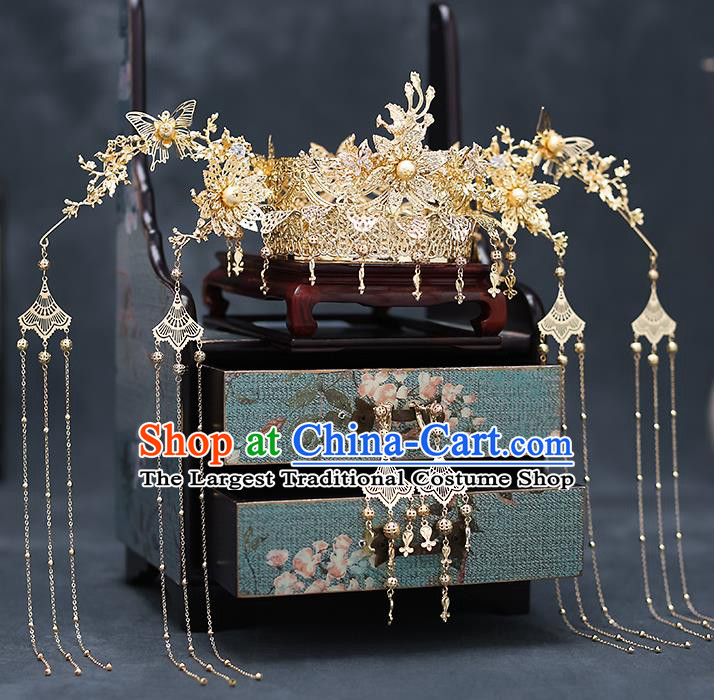Top Chinese Traditional Wedding Tassel Phoenix Coronet Bride Handmade Hairpins Hair Accessories Complete Set