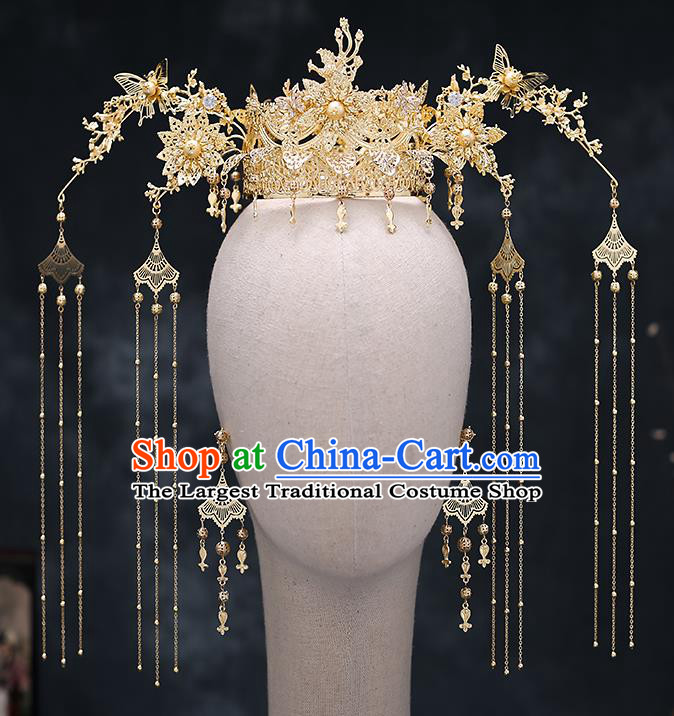 Top Chinese Traditional Wedding Tassel Phoenix Coronet Bride Handmade Hairpins Hair Accessories Complete Set