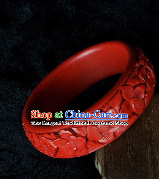 Traditional Chinese Handmade Wood Bracelet Lacquerware Carving Flowers Bangle Craft