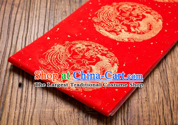 Traditional Chinese Classical Dragon Phoenix Pattern Calligraphy Red Scroll Paper Spring Festival Handmade Couplet Paper Craft
