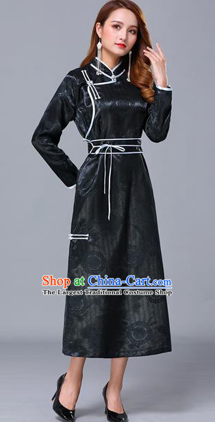 Chinese Traditional Mongolian Nationality Dark Green Satin Dress Mongol Ethnic Stage Show Costume for Women