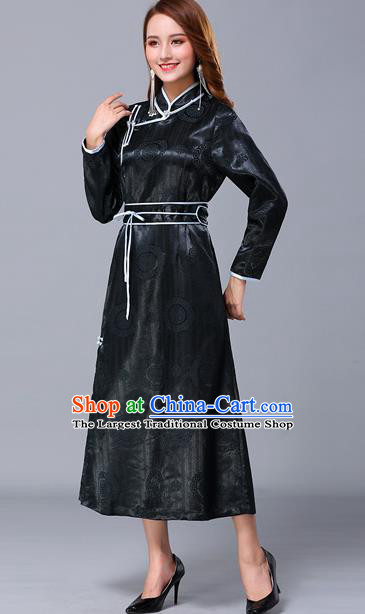 Chinese Traditional Mongolian Nationality Dark Green Satin Dress Mongol Ethnic Stage Show Costume for Women