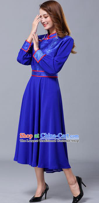 Chinese Traditional Mongolian Nationality Royalblue Dress Minority Garment Mongol Ethnic Stand Collar Costume for Women