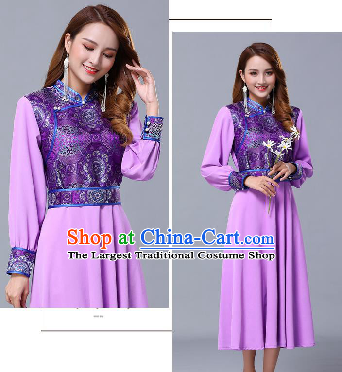 Chinese Traditional Mongolian Nationality Lilac Dress Minority Garment Mongol Ethnic Stand Collar Costume for Women