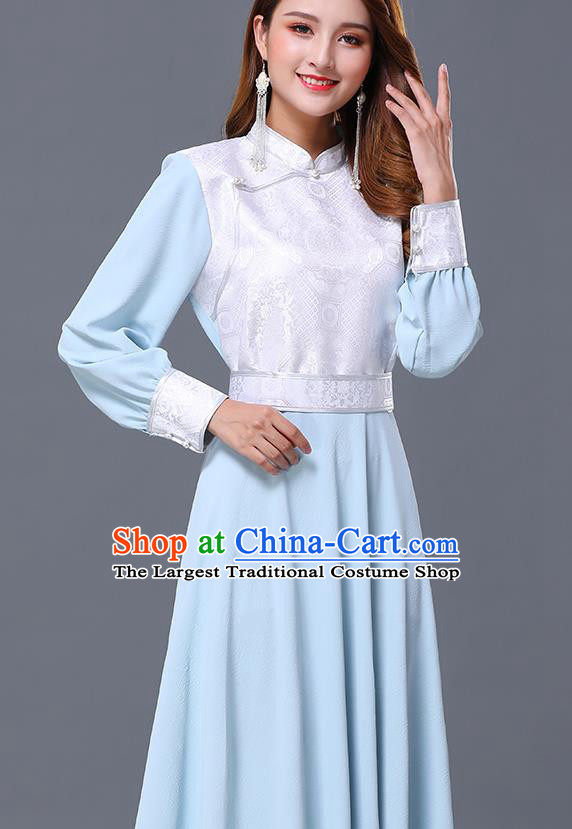 Chinese Traditional Mongolian Nationality Light Blue Dress Minority Garment Mongol Ethnic Stand Collar Costume for Women