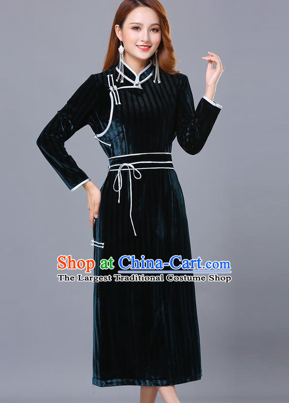 Chinese Mongol Ethnic Nationality Dark Green Pleuche Dress Traditional Mongolian Minority Garment Costume for Women