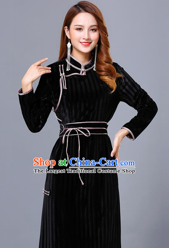 Chinese Mongol Ethnic Nationality Black Pleuche Dress Traditional Mongolian Minority Garment Costume for Women