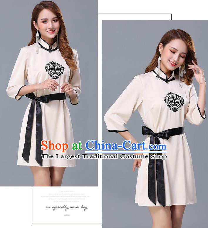 Chinese Traditional National Beige Short Dress Mongolian Minority Garment Mongol Ethnic Nationality Costume for Women