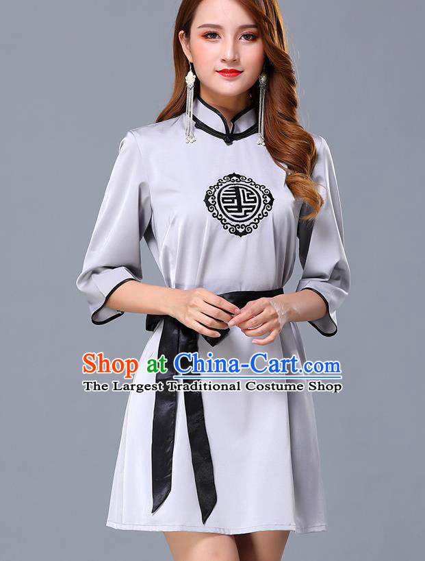 Chinese Traditional National Grey Short Dress Mongolian Minority Garment Mongol Ethnic Nationality Costume for Women