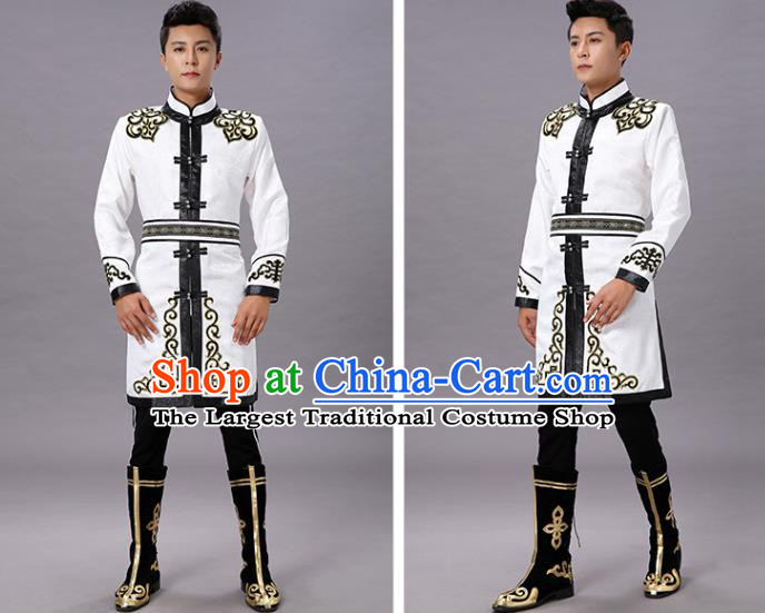Chinese Mongol Nationality Coat Garment Traditional Ethnic Minority Costume White Mongolian Robe for Men