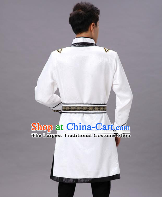 Chinese Mongol Nationality Coat Garment Traditional Ethnic Minority Costume White Mongolian Robe for Men