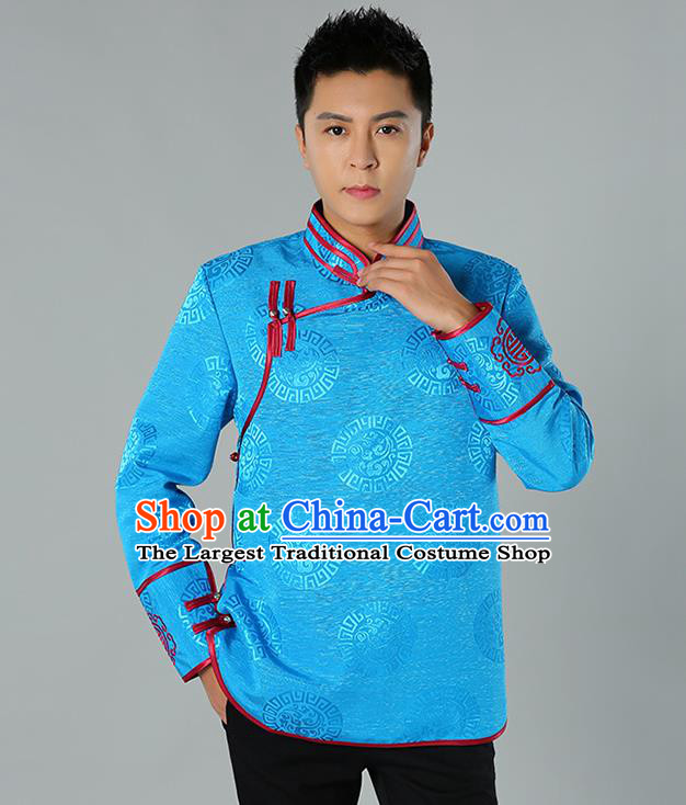 Chinese Mongol Nationality Upper Outer Garment Traditional Ethnic Minority Costume Blue Jacket for Men