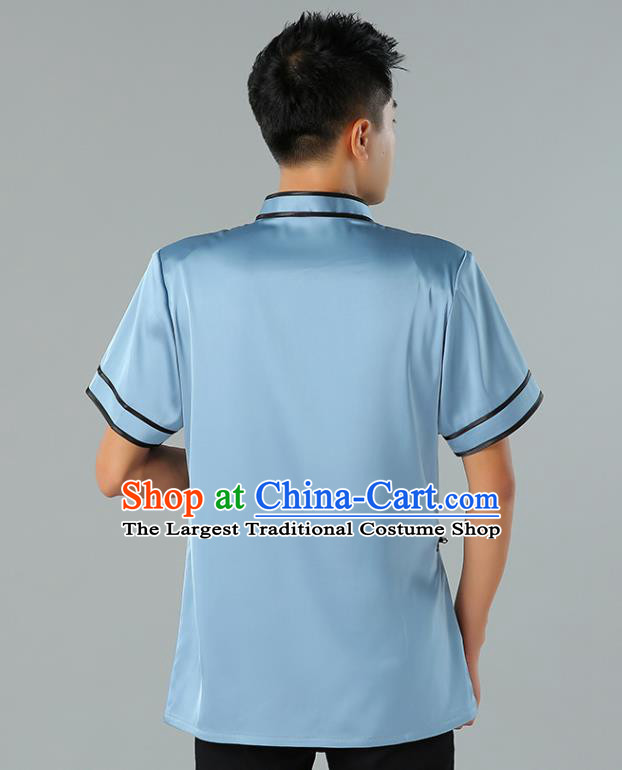 Chinese Mongol Nationality Minority Summer Blue Shirt Traditional Ethnic Upper Outer Garment Informal Costume for Men
