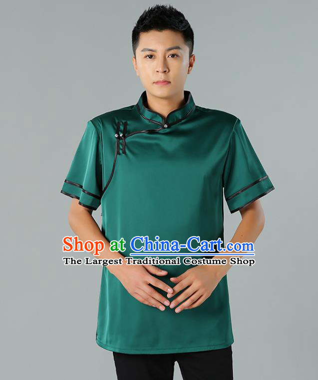 Chinese Mongol Nationality Minority Summer Green Shirt Traditional Ethnic Upper Outer Garment Informal Costume for Men