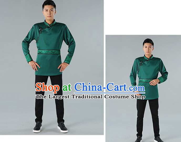 Chinese National Green Shirt Traditional Ethnic Upper Outer Garment Mongol Minority Informal Costume for Men