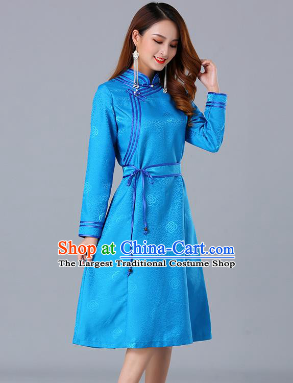 Chinese Traditional Mongol Ethnic Blue Brocade Dress Costume Mongolian Minority Woman Informal Garment