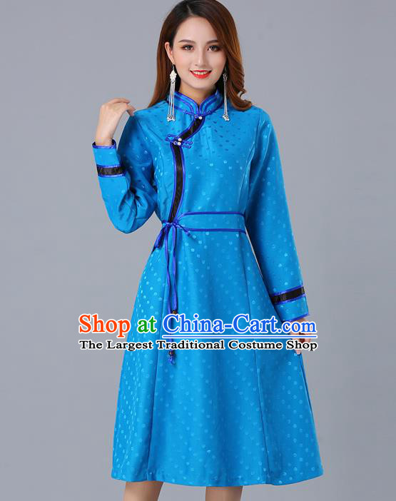 Chinese Traditional Mongol Costume Mongolian Minority Woman Informal Garment Ethnic Blue Brocade Dress