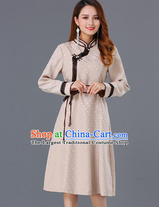 Chinese Traditional Mongol Costume Mongolian Minority Woman Informal Garment Ethnic Apricot Brocade Dress