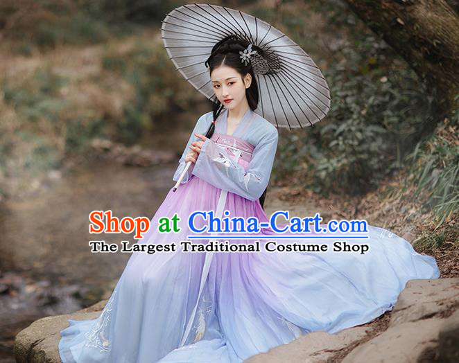 Chinese Traditional Palace Hanfu Blue Blouse and Dress Ancient Tang Dynasty Royal Princess Garment Embroidered Costumes Full Set