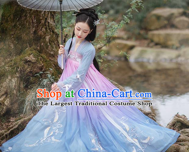 Chinese Traditional Palace Hanfu Blue Blouse and Dress Ancient Tang Dynasty Royal Princess Garment Embroidered Costumes Full Set