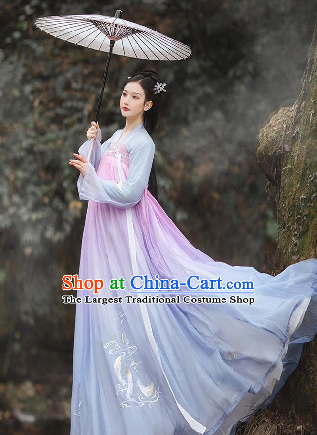 Chinese Traditional Palace Hanfu Blue Blouse and Dress Ancient Tang Dynasty Royal Princess Garment Embroidered Costumes Full Set