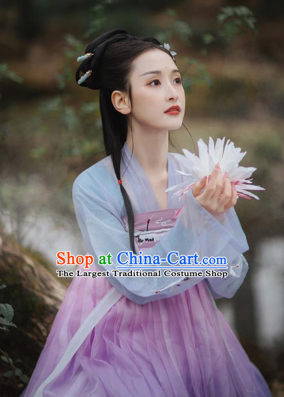 Chinese Traditional Palace Hanfu Blue Blouse and Dress Ancient Tang Dynasty Royal Princess Garment Embroidered Costumes Full Set