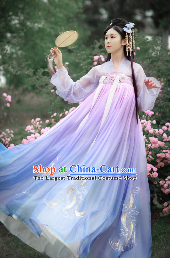 Chinese Traditional Palace Hanfu Blue Blouse and Dress Ancient Tang Dynasty Royal Princess Garment Embroidered Costumes Full Set