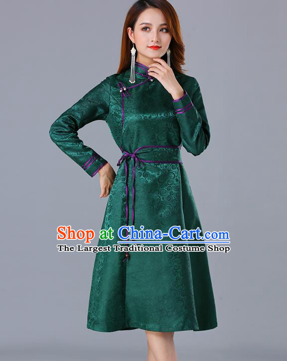 Chinese Traditional Mongol Ethnic Woman Informal Costume Mongolian Minority Garment Green Brocade Dress