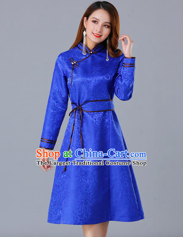 Chinese Traditional Mongol Ethnic Woman Informal Costume Mongolian Minority Garment Royalblue Brocade Dress
