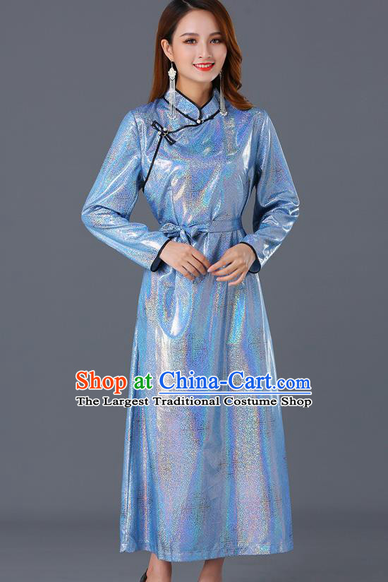 Chinese Traditional Mongolian Blue Dress Ethnic Woman Informal Costume Mongol Minority Garment