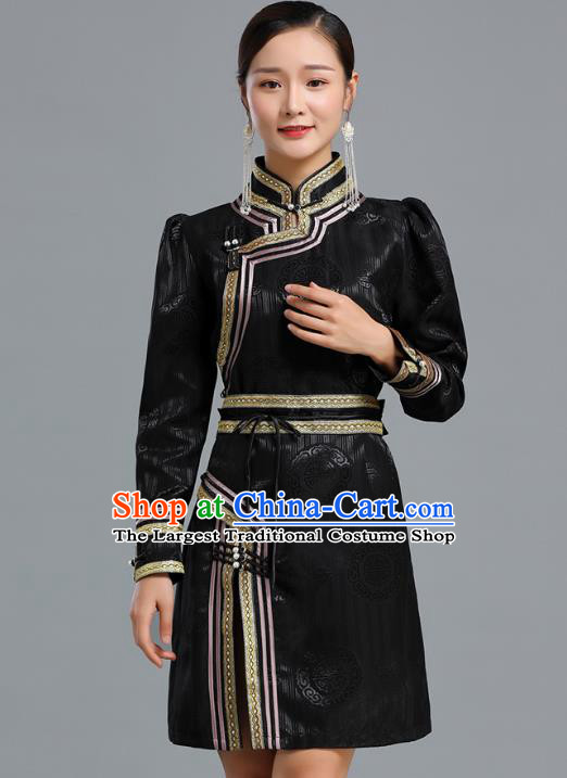 Traditional Chinese Mongolian Nationality Black Brocade Short Dress Ethnic Informal Costume Mongol Minority Garment Woman Apparels