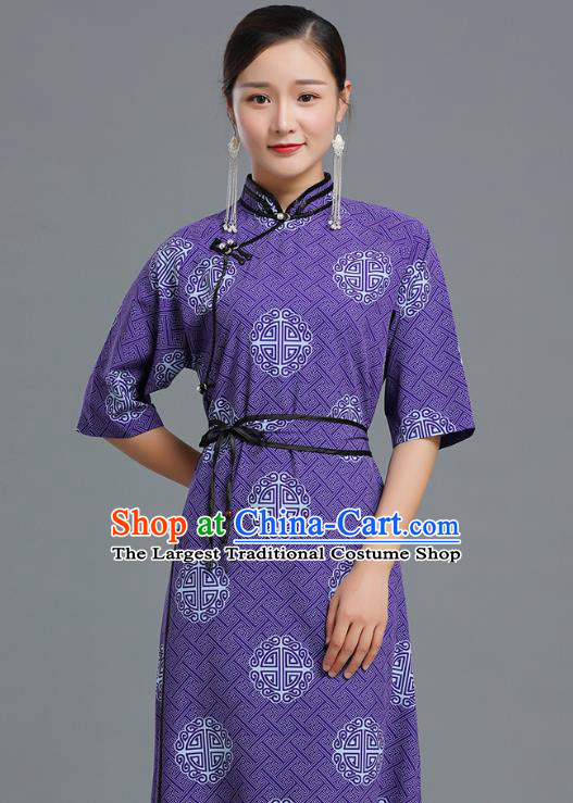 Traditional Chinese Ethnic Informal Costume Woman Apparels Mongol Minority Garment Mongolian Nationality Purple Dress