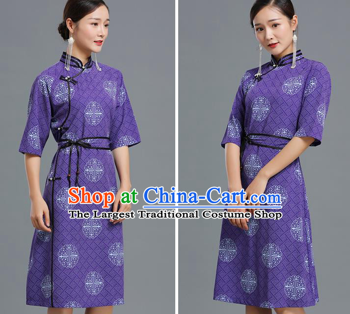 Traditional Chinese Ethnic Informal Costume Woman Apparels Mongol Minority Garment Mongolian Nationality Purple Dress