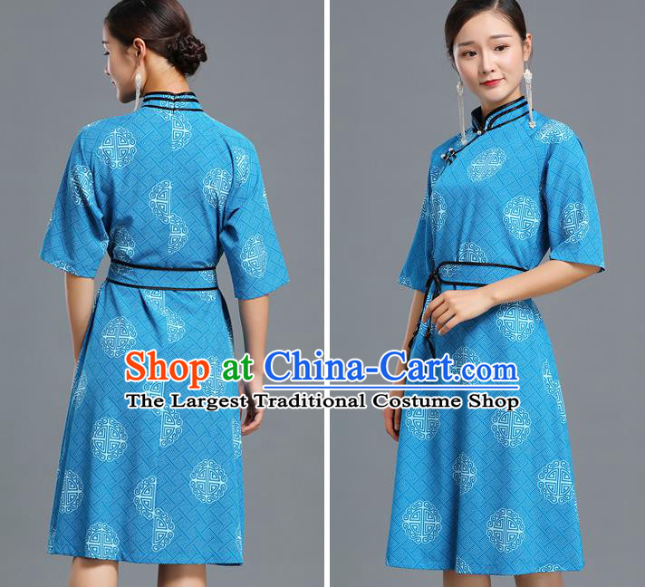 Traditional Chinese Ethnic Informal Costume Woman Apparels Mongol Minority Garment Mongolian Nationality Blue Dress