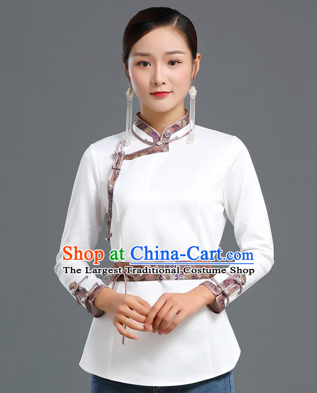 Traditional Chinese Ethnic White Blouse Woman Apparels Mongol Minority Upper Outer Garment Mongolian Nationality Informal Costume