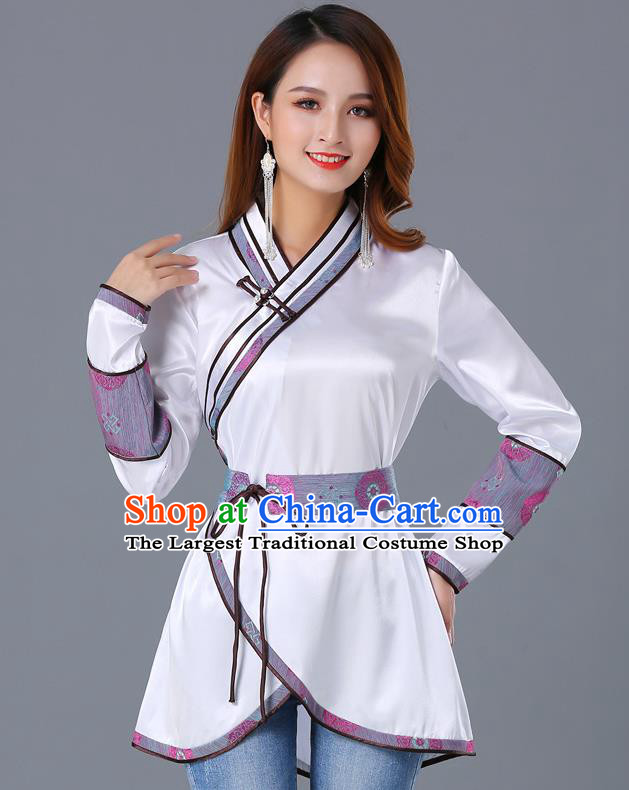 Traditional Chinese Ethnic Woman White Blouse Apparels Mongol Minority Upper Outer Garment Mongolian Nationality Informal Costume