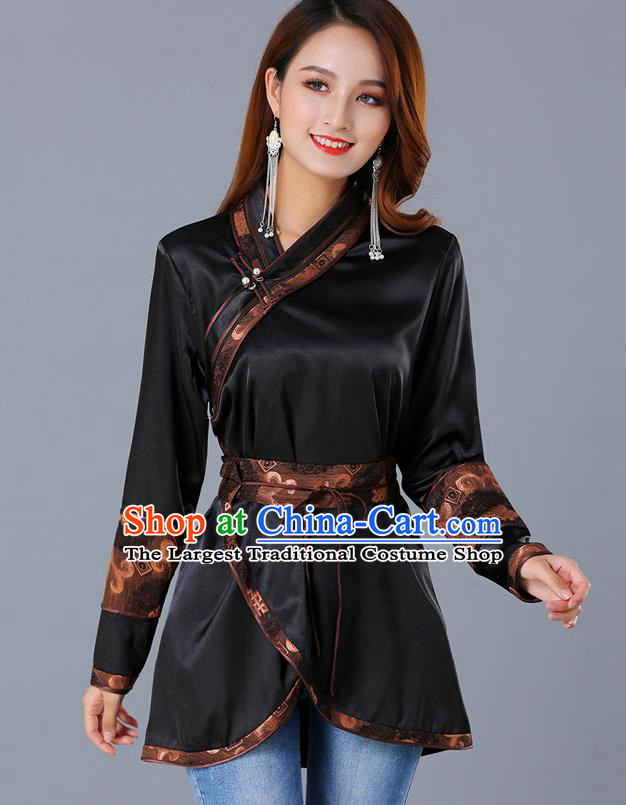 Traditional Chinese Ethnic Woman Black Blouse Apparels Mongol Minority Upper Outer Garment Mongolian Nationality Informal Costume