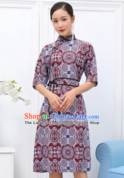 Traditional Chinese Ethnic Woman Wine Red Dress Mongol Minority Garment Costume Mongolian Nationality Informal Apparels