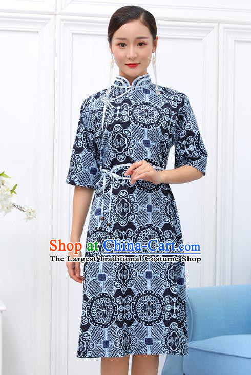 Traditional Chinese Ethnic Woman Blue Dress Mongol Minority Garment Costume Mongolian Nationality Informal Apparels