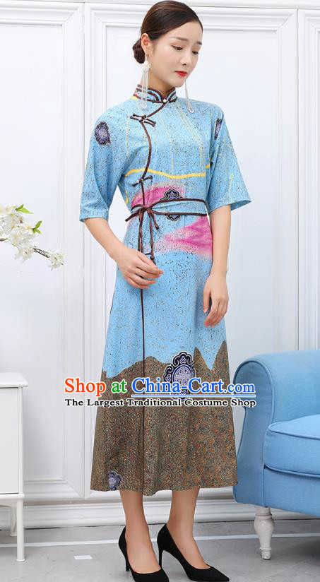 Traditional Chinese Ethnic Blue Chiffon Dress Mongol Minority Garment Costume Mongolian Nationality Informal Apparels for Woman