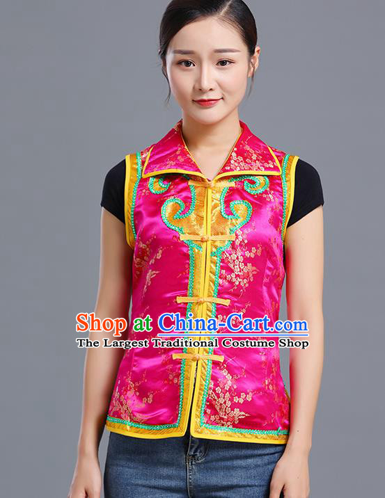 Traditional Chinese Mongol Ethnic Rosy Brocade Vest Minority Garment Costume Mongolian Nationality Informal Waistcoat Apparels for Woman